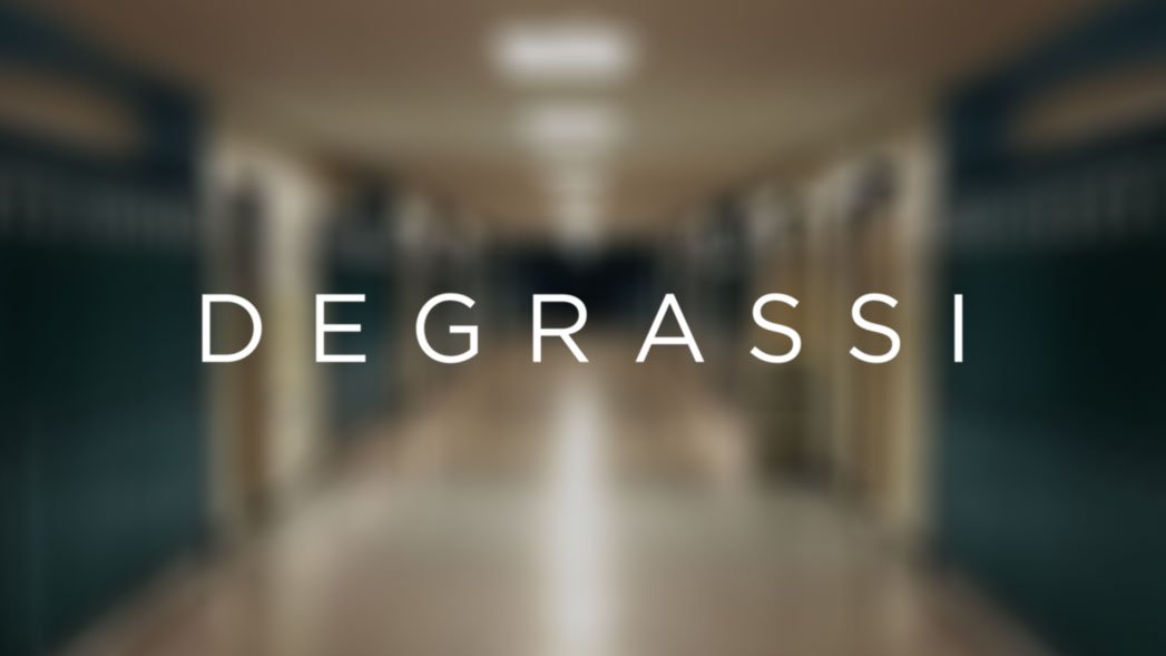 A school hallway with lockers and the Degrassi logo.