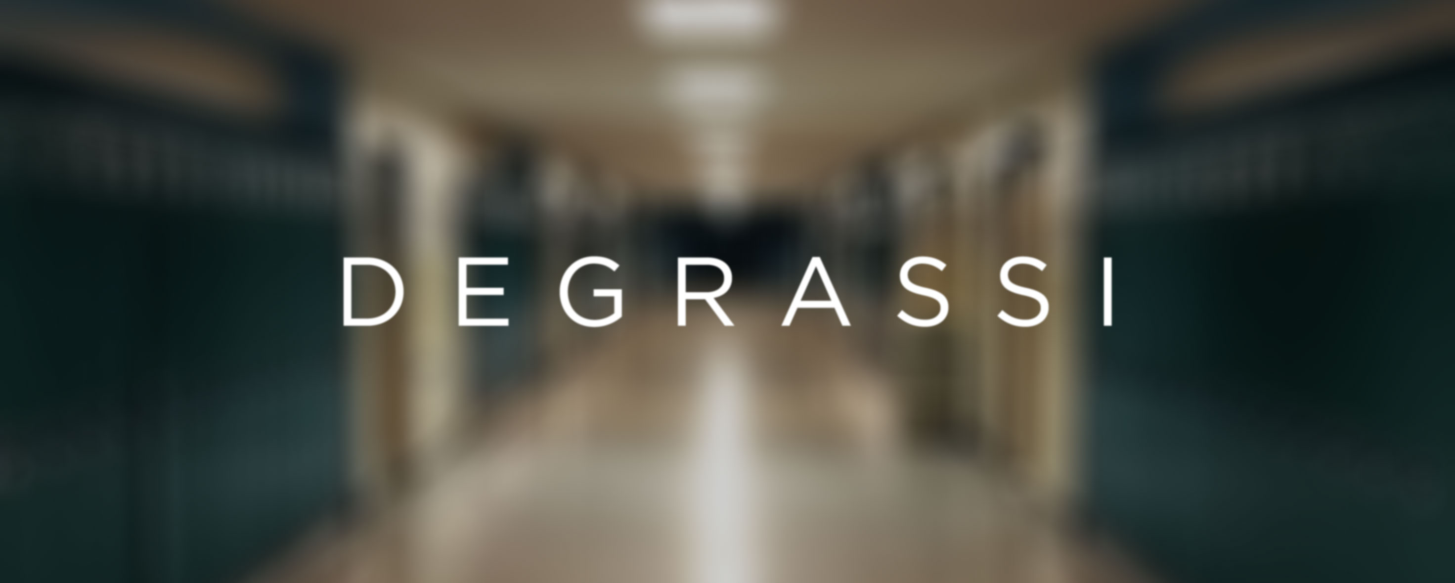 The word Degrassi over a blurry high school hallway with green lockers and brown classroom doors.